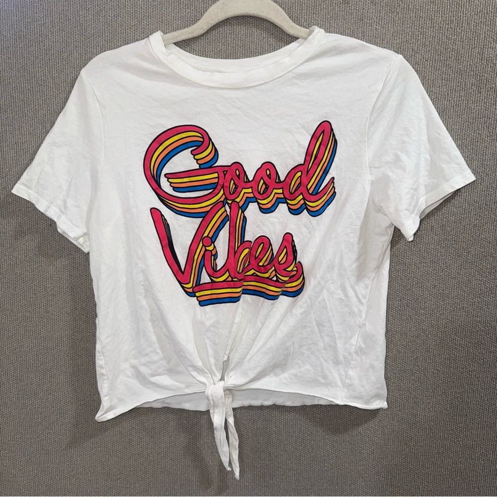 Funky pink size medium White 'Good Vibes' multicolor Graphic Tie-Front T-Shirt
